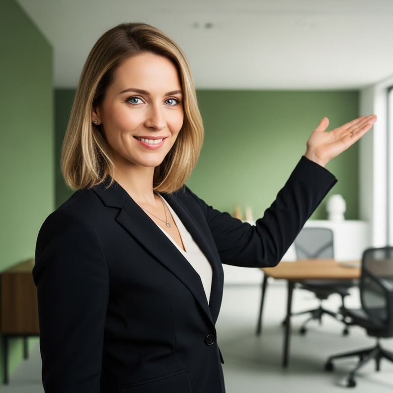 Welcoming European Businesswoman in Green Office Welcoming European Businesswoman in Green Office