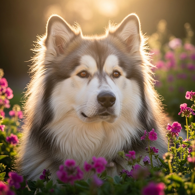 Majestic Dog in Color-Rich Garden: Wisdom and Elegance Displayed Majestic Dog in Color-Rich Garden: Wisdom and Elegance Displayed