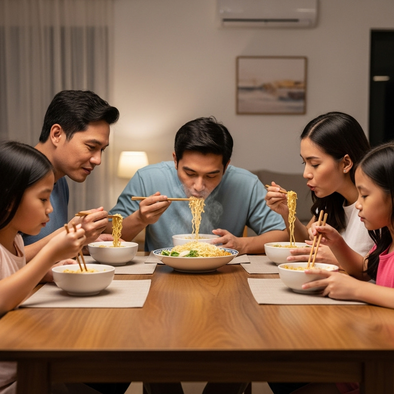 Filipino Family Enjoying Noodles Together Filipino Family Enjoying Noodles Together
