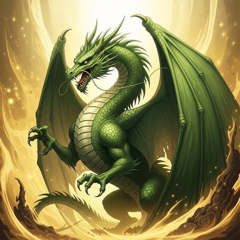 Minimalist Green Dragon on Golden-White Background - Oriental Style Minimalist Green Dragon on Golden-White Background - Oriental Style