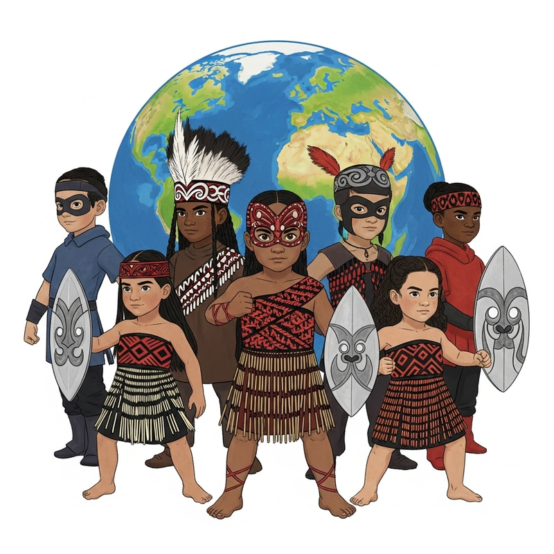Young Children in Vibrant Maori Costumes Save Earth | Colorful Superhero Illustration Young Children in Vibrant Maori Costumes Save Earth | Colorful Superhero Illustration
