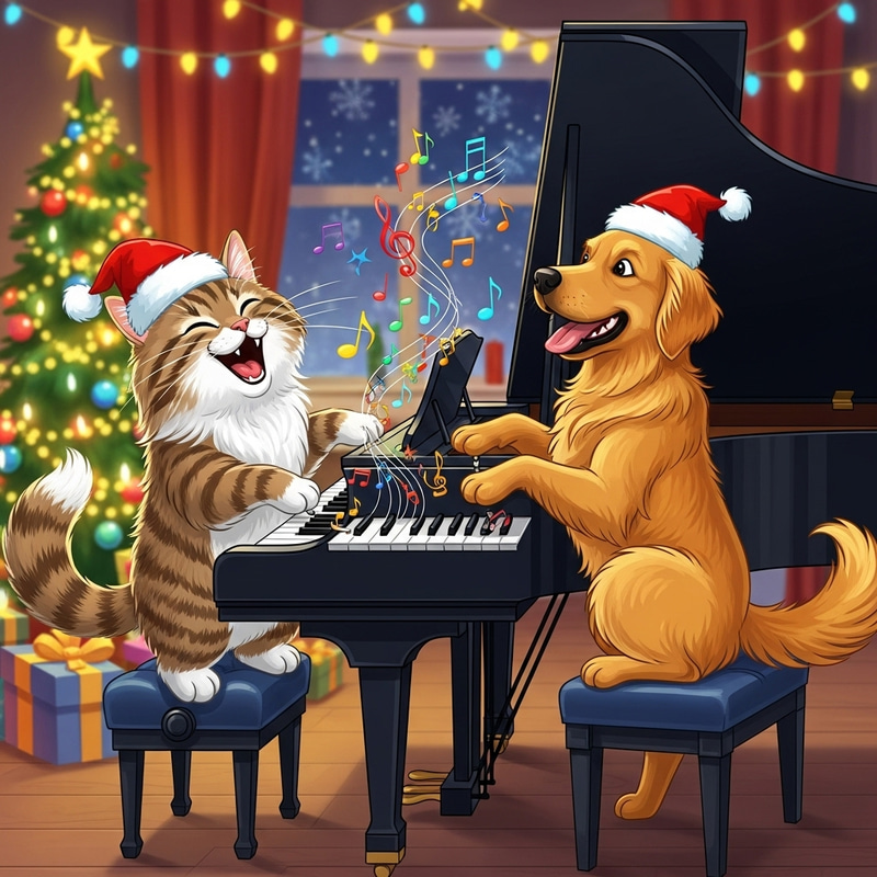 Happy Norwegian Cat and Golden Retriever in Christmas Hats Playing Piano
