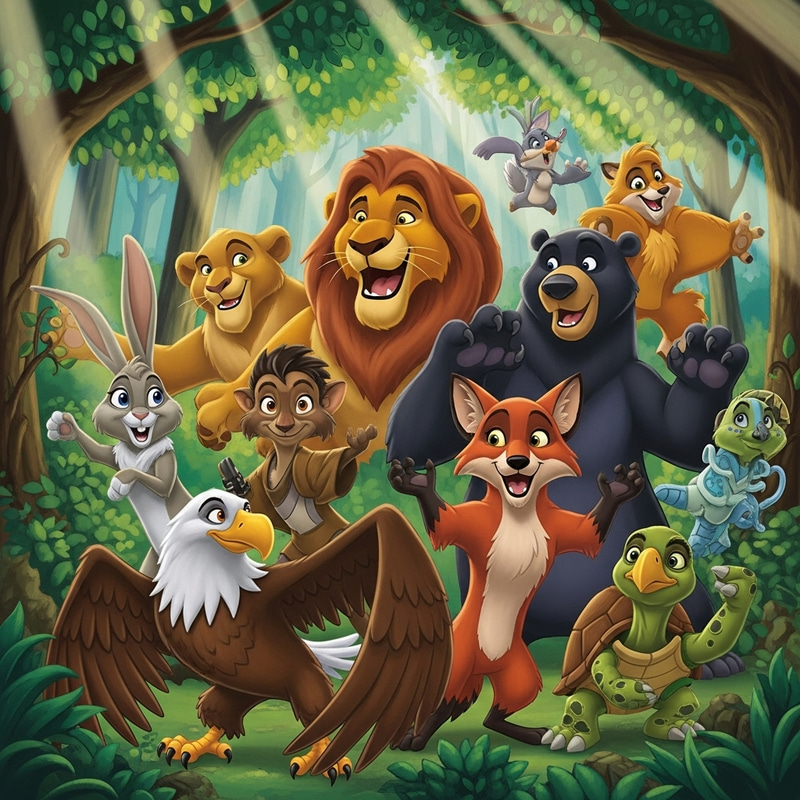 Whimsical Pixar-Style Poster with Colorful, Anthropomorphic Animals in Vibrant Forest