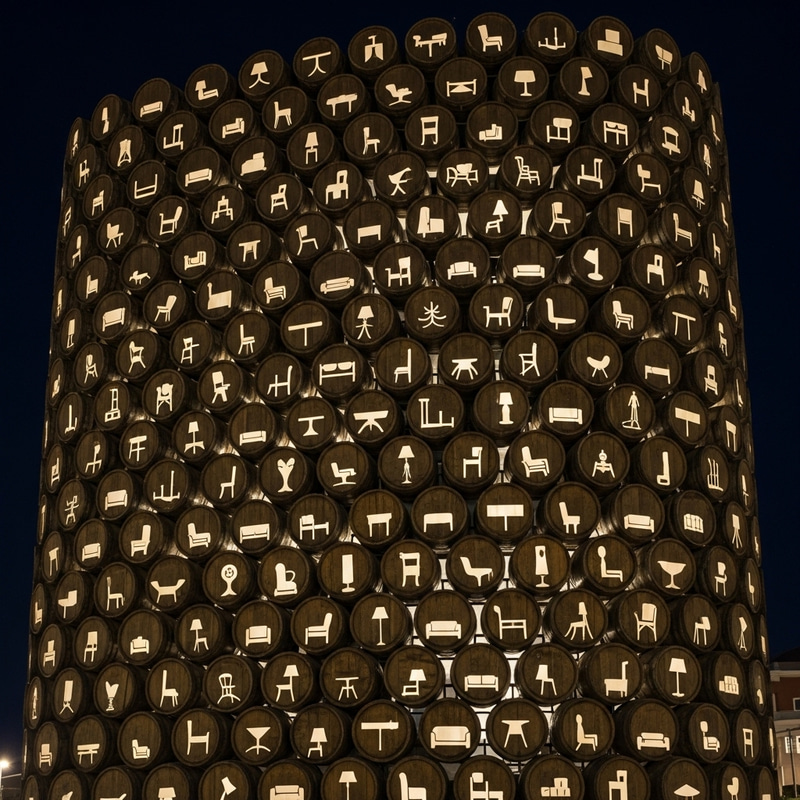 Barrel Lid Facade: Modern Furniture Shapes with Illuminating Light Gaps Barrel Lid Facade: Modern Furniture Shapes with Illuminating Light Gaps