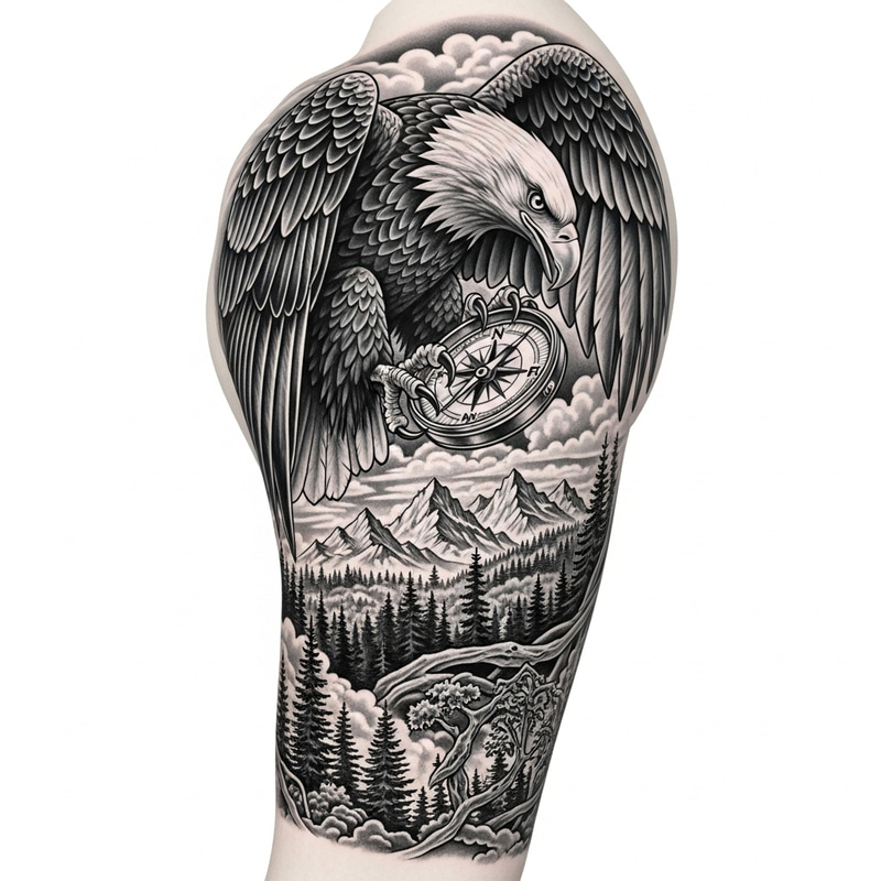 Detailed Eagle & Compass Tattoo in Realistic Monochrome Style Detailed Eagle & Compass Tattoo in Realistic Monochrome Style