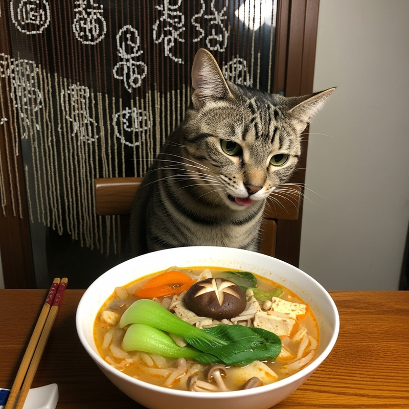 Cat Enjoying Malatang Soup with Bok Choy and Mushrooms