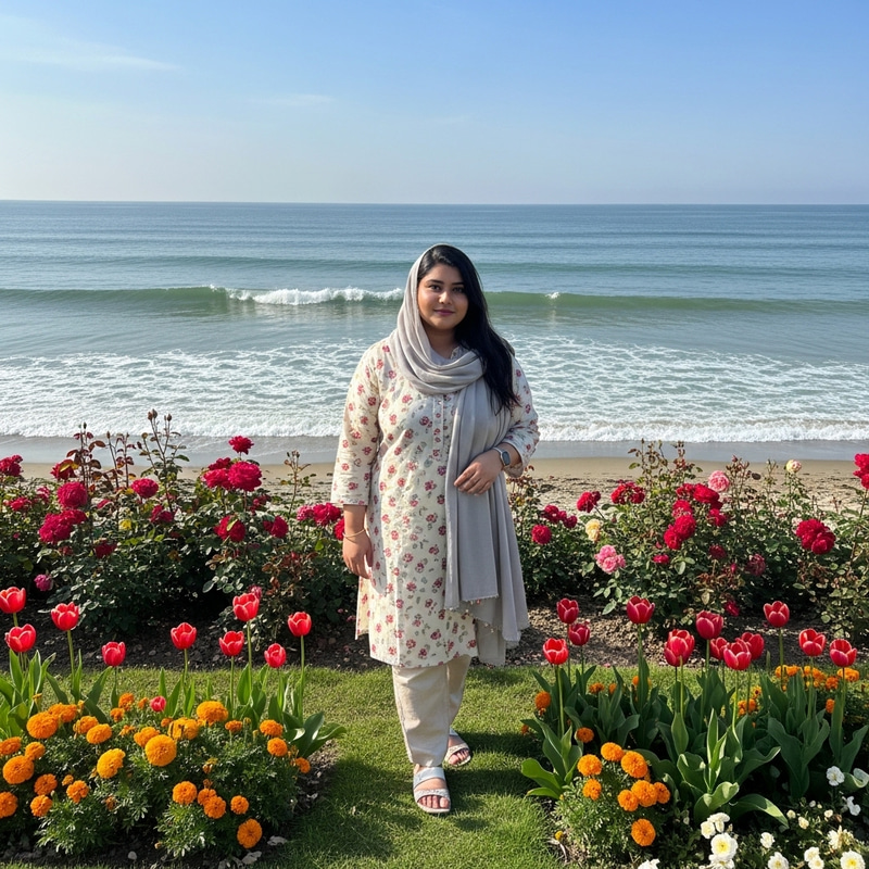 Curvy South Asian Woman in Blooming Garden by the Sea Curvy South Asian Woman in Blooming Garden by the Sea