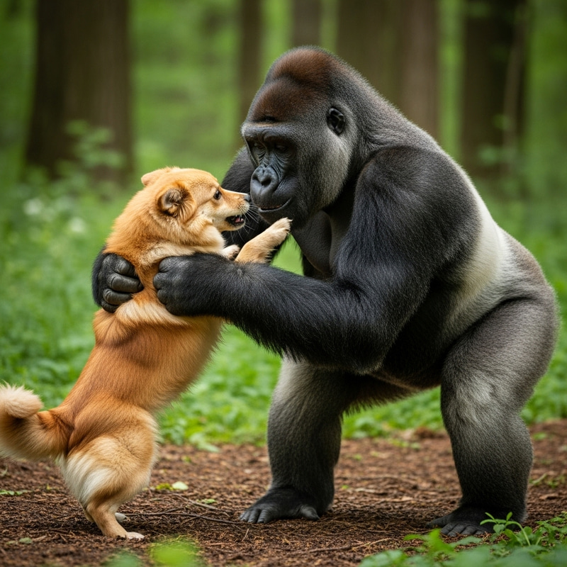 Dog Playfully Wrestles Gorilla in Lush Green Forest Dog Playfully Wrestles Gorilla in Lush Green Forest