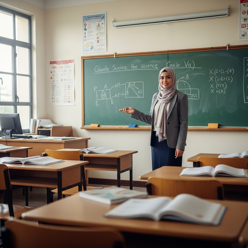 Veiled Teacher in Classroom with Whiteboard