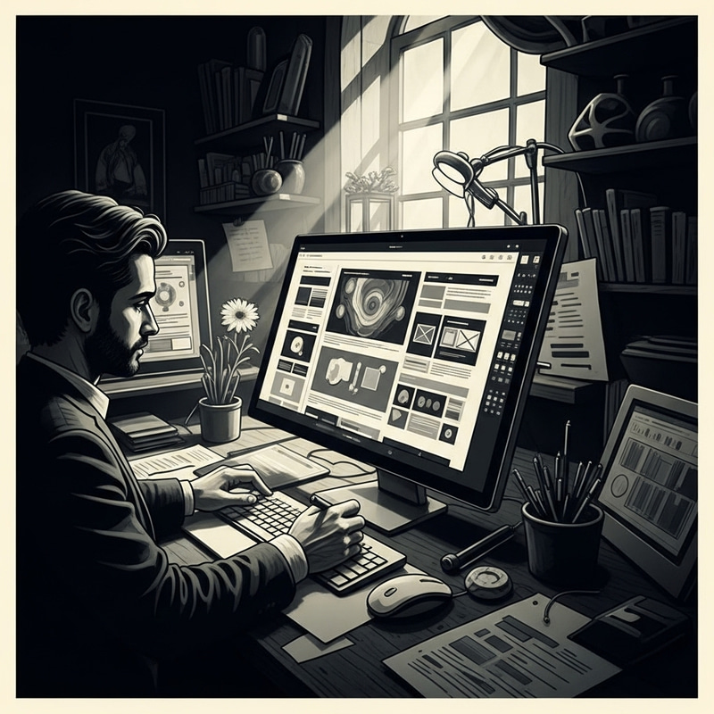 Vintage Design Process Poster with Chiaroscuro Light and Intricate Details