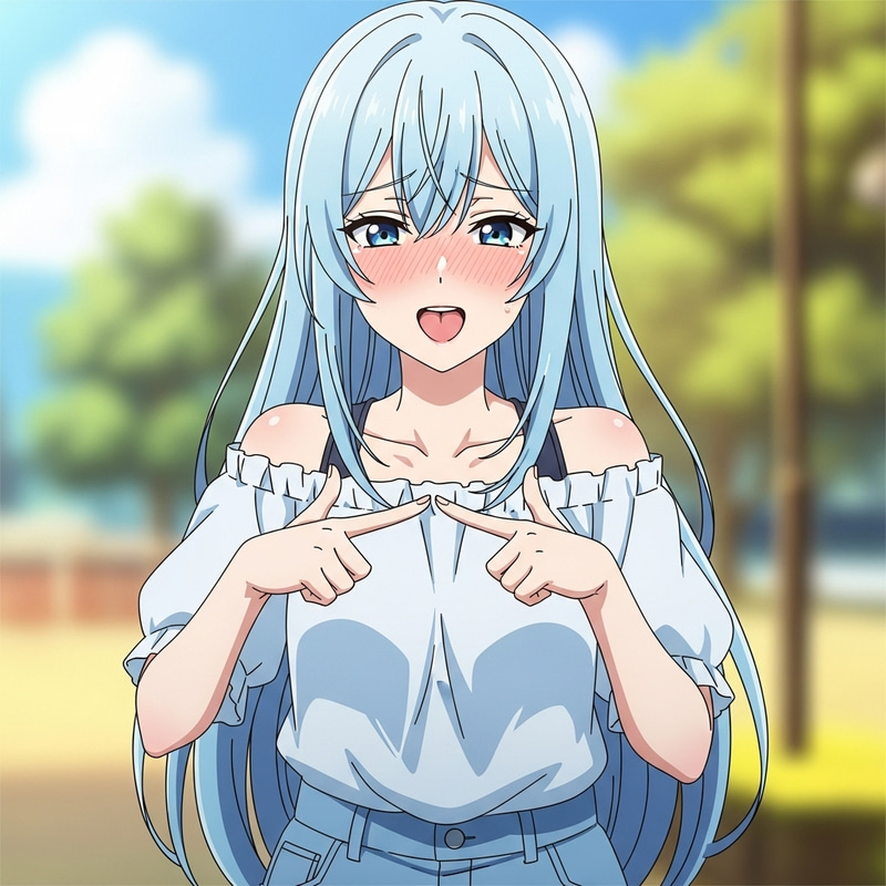 Cute Anime Girl: Light Blue Hair, Bikini, Playful Pose