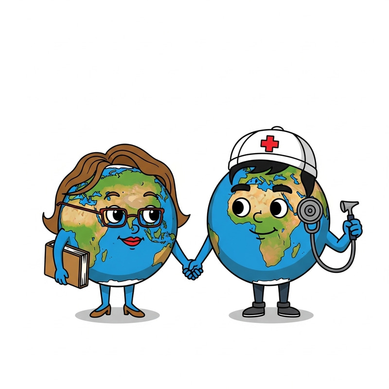 Cartoon Earth Teacher & Medical Student Holding Hands