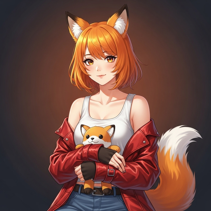 Vibrant Anime Girl with Orange Hair and Fox Ears Holding Plushie