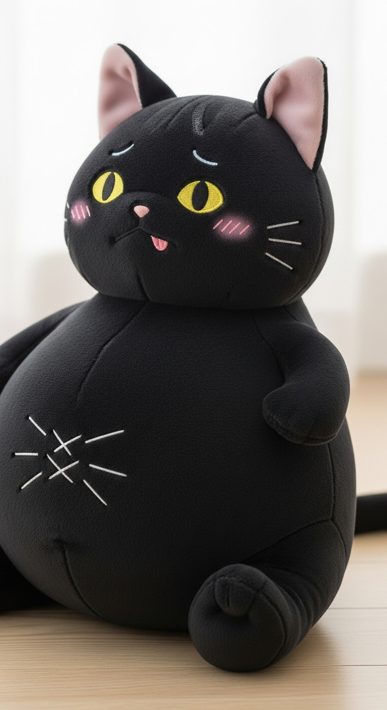 Cute Black Stuffed Toy Cat with Enlarged Belly and Funny Expression