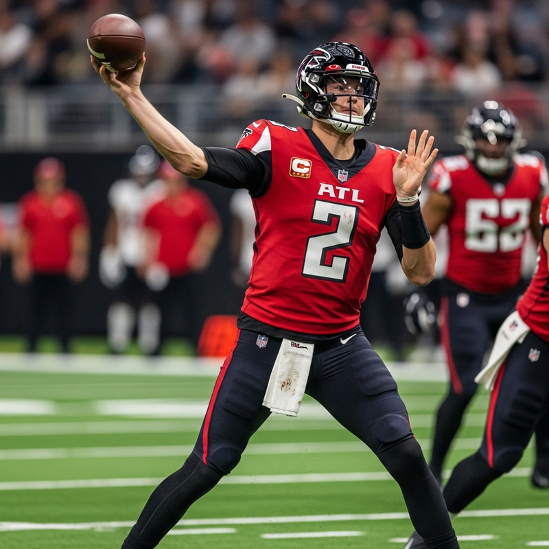 Former Atlanta Falcons Quarterback with Extended Neck in Scarlet Uniform