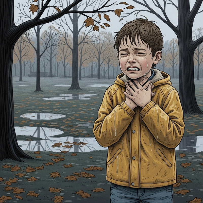 Caucasian Child Suffering from Sore Throat in Park Scene Caucasian Child Suffering from Sore Throat in Park Scene