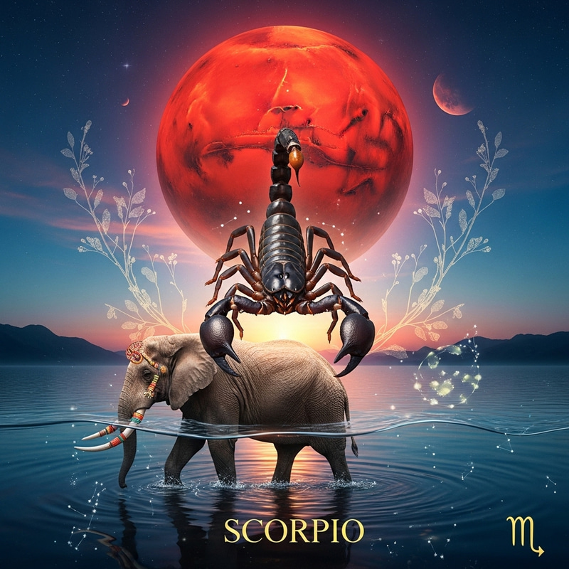 Scorpio Astrological Symbol, Mars Planet & Majestic Elephant in Tranquil Water Scorpio Astrological Symbol, Mars Planet & Majestic Elephant in Tranquil Water