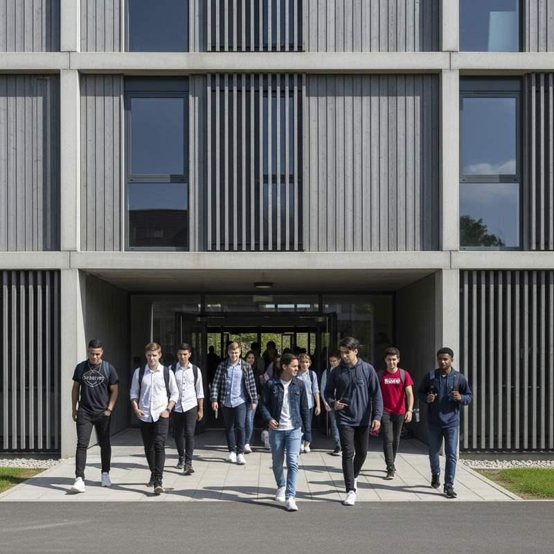 Modern School Entrance with Diverse Students | Architectural Design Modern School Entrance with Diverse Students | Architectural Design