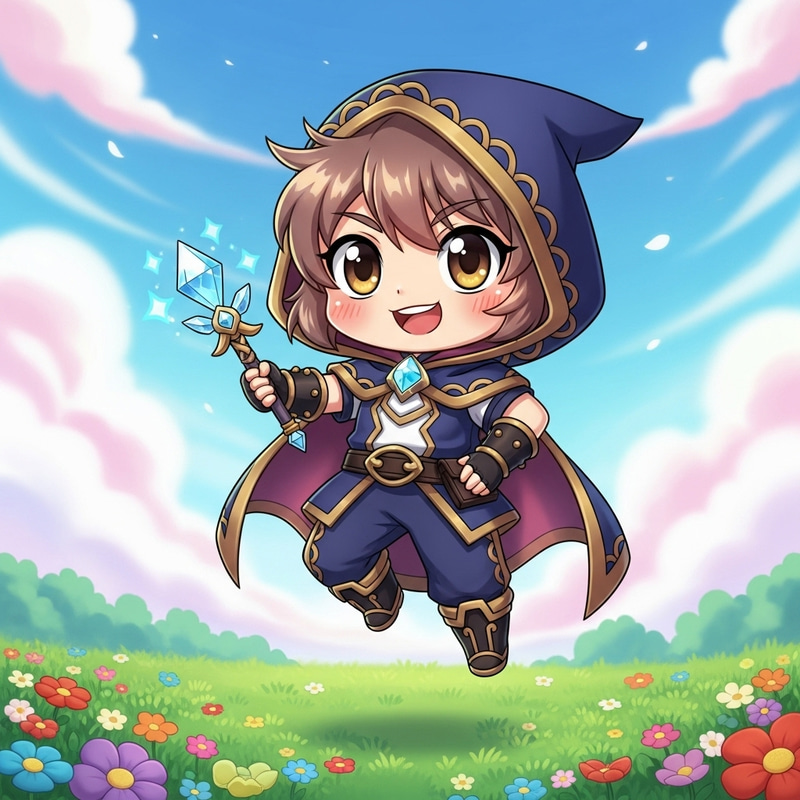Chibi-Style Character with Crystal Wand in Colorful Outfit Chibi-Style Character with Crystal Wand in Colorful Outfit