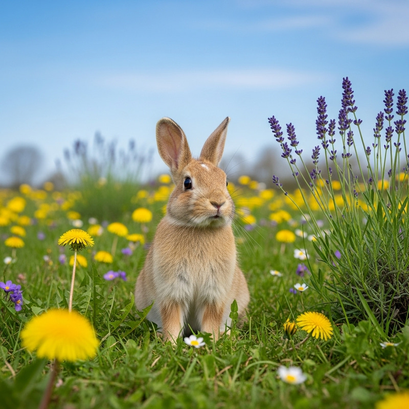 Conejo in Colorful Meadow | Serene Spring Day Scene Conejo in Colorful Meadow | Serene Spring Day Scene