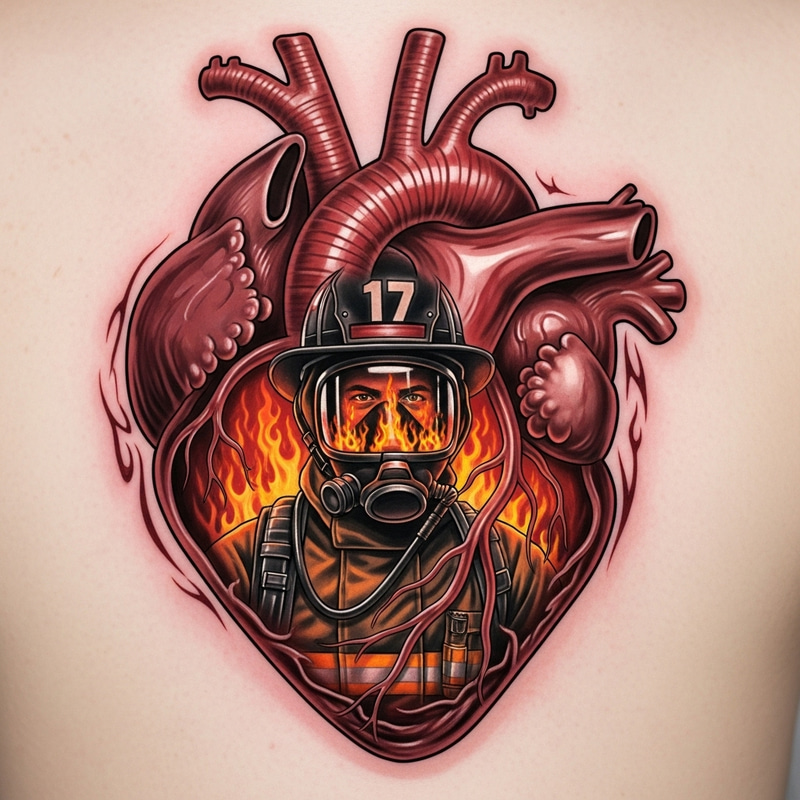 Heart Muscle Fireman Tattoo | Symbol of Resilience & Duty Heart Muscle Fireman Tattoo | Symbol of Resilience & Duty