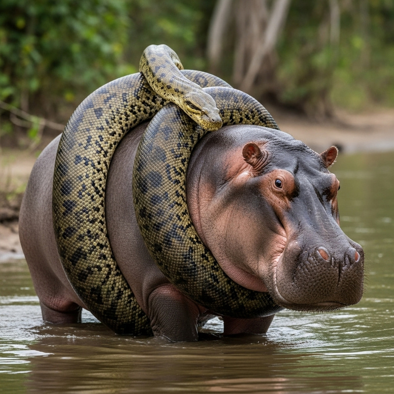 Anaconda Wrapped Around a Hippopotamus in Jungle