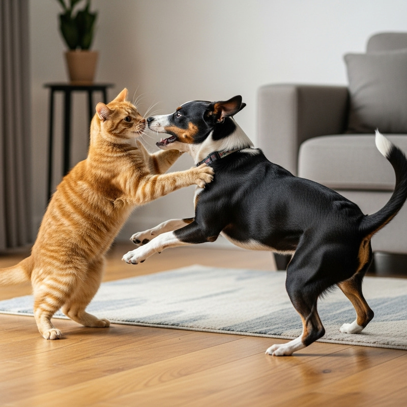 Playful Cat and Dog Fight in a Cozy Living Room Playful Cat and Dog Fight in a Cozy Living Room