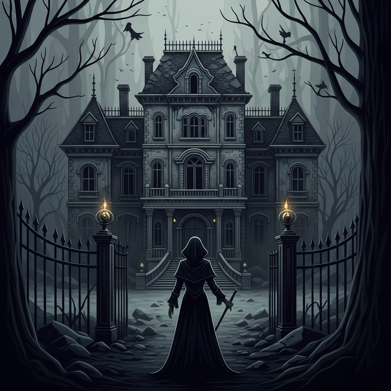 Decaying Mansion: Gothic Horror Scene with Creaking Shadows Decaying Mansion: Gothic Horror Scene with Creaking Shadows