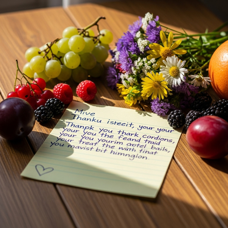 Gratitude Note on Weathered Wood Table with Fruits Gratitude Note on Weathered Wood Table with Fruits