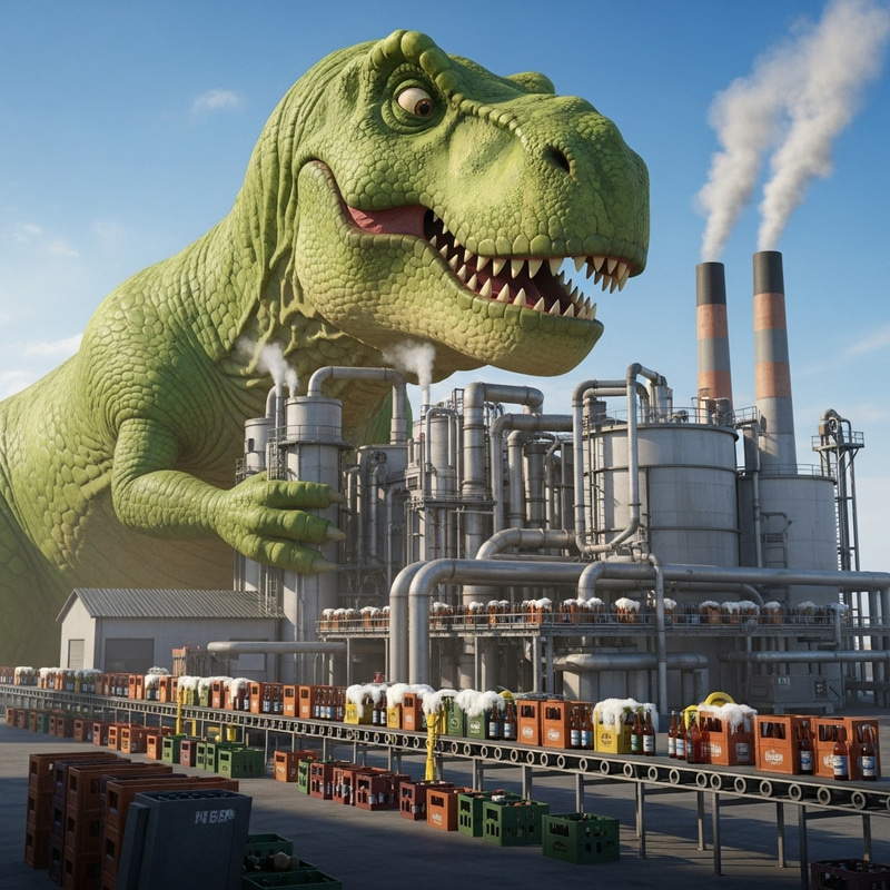 Giant Cartoon T-Rex Embracing Beer Factory
