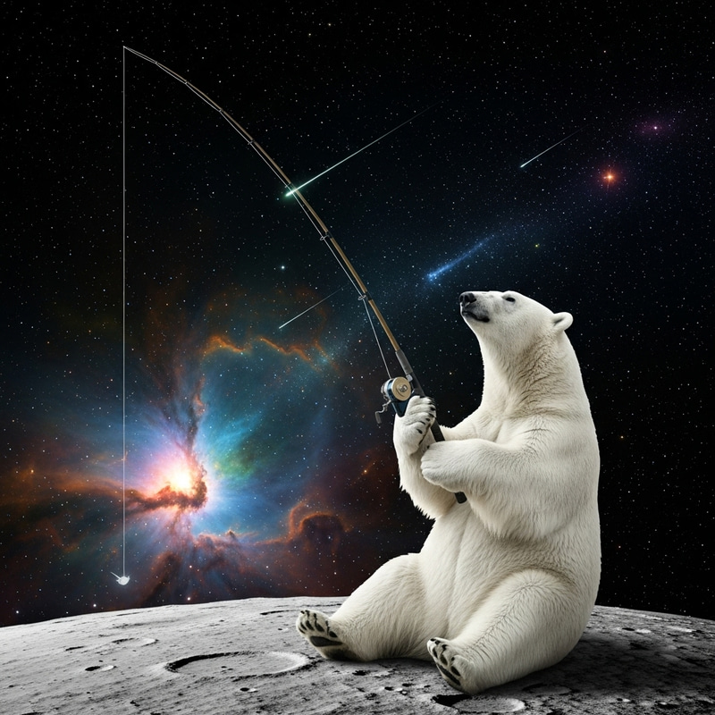 White Polar Bear Fishing for Stars on Moon | Serene Cosmic Scene