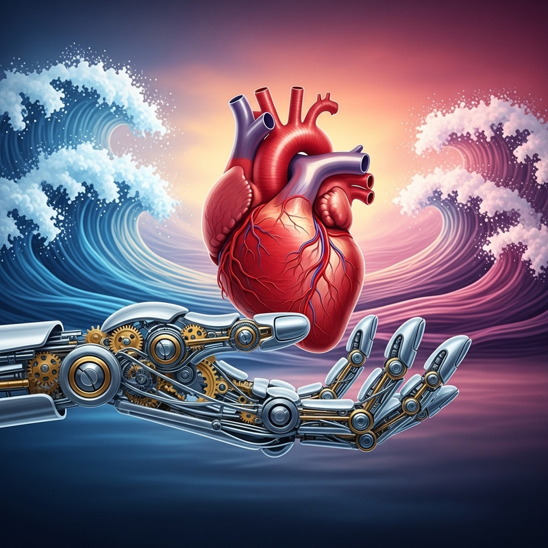 Mechanical Hand Holding Human Heart | Colorful Waves Background