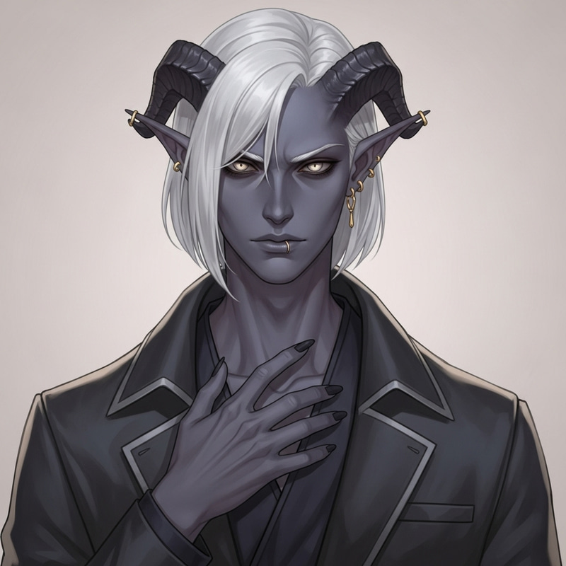 Expressive 21-Year-Old Male Tiefling with Golden Eyes | Dark Grey Skin Expressive 21-Year-Old Male Tiefling with Golden Eyes | Dark Grey Skin