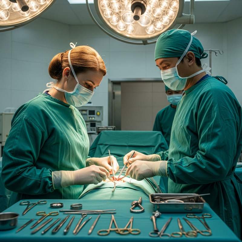 Caucasian Female Doctor Performing Surgery in 1960s Setting