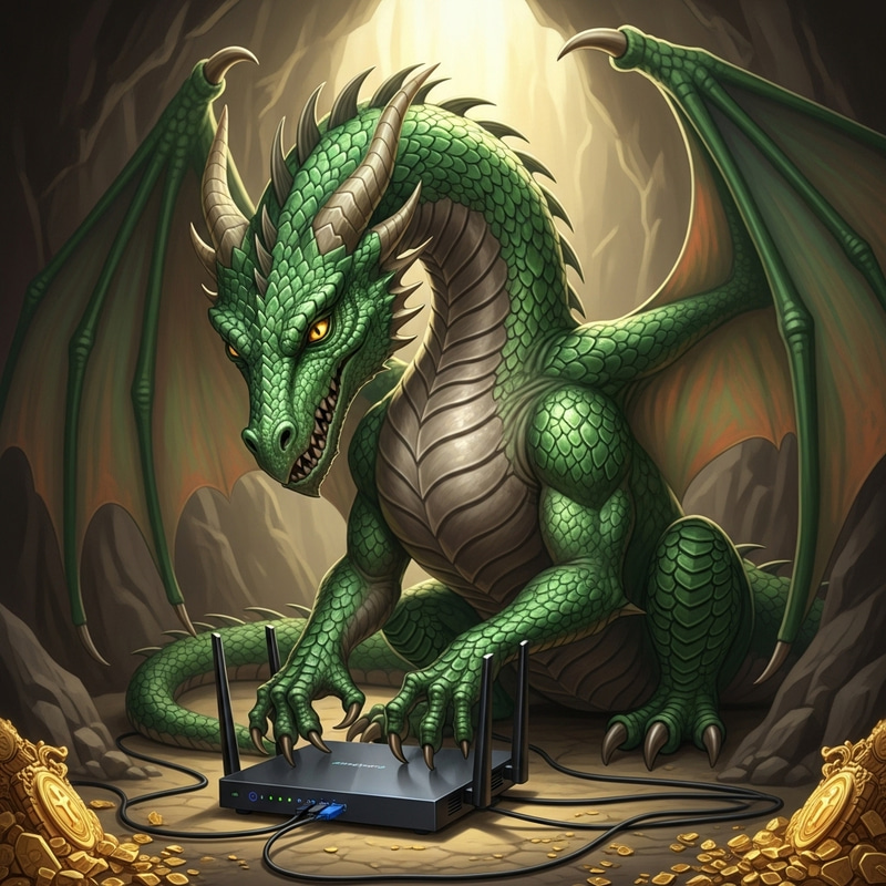 Green Dragon Setting Up Router | Tech Fantasy Art Green Dragon Setting Up Router | Tech Fantasy Art