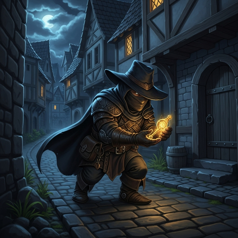 Stealthy Halfling Thief in Night Shadows Stealthy Halfling Thief in Night Shadows
