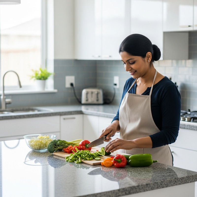Woman Chopping Vegetables in Stylish Kitchen Woman Chopping Vegetables in Stylish Kitchen