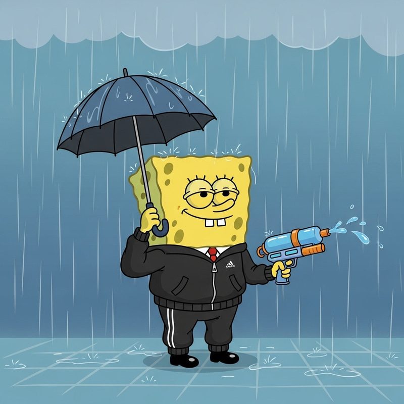 Spongebob in Adidas Black Tracksuit with Pistol on Rainy Day