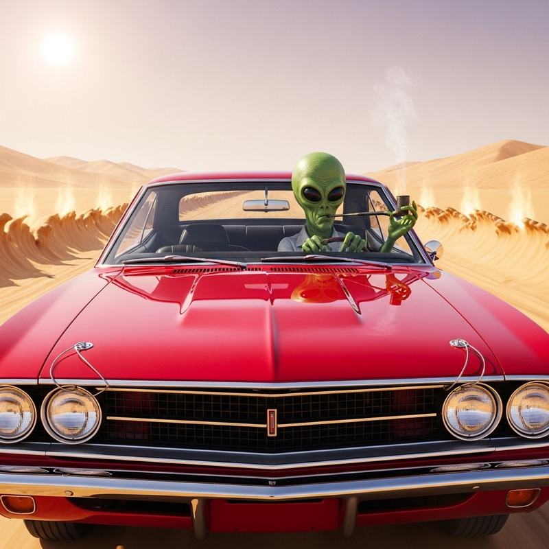 Vintage Muscle Car Driven by Alien in Desert | Surreal Fantasy Vintage Muscle Car Driven by Alien in Desert | Surreal Fantasy