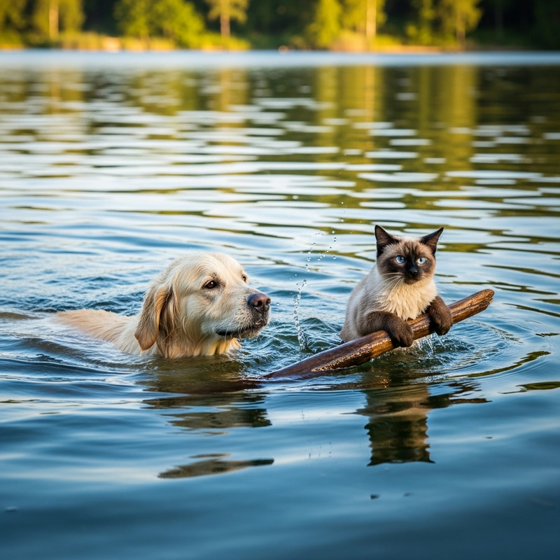 Dog and Cat Swimming in Serene Lake - Playful Scene Captured Dog and Cat Swimming in Serene Lake - Playful Scene Captured