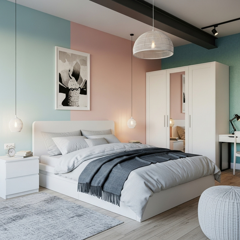 Minimalist Loft Bedroom Interior in Pastel Tones | Modern Design Ideas