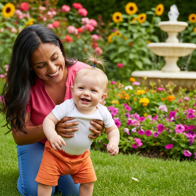 Baby playing with mother in garden