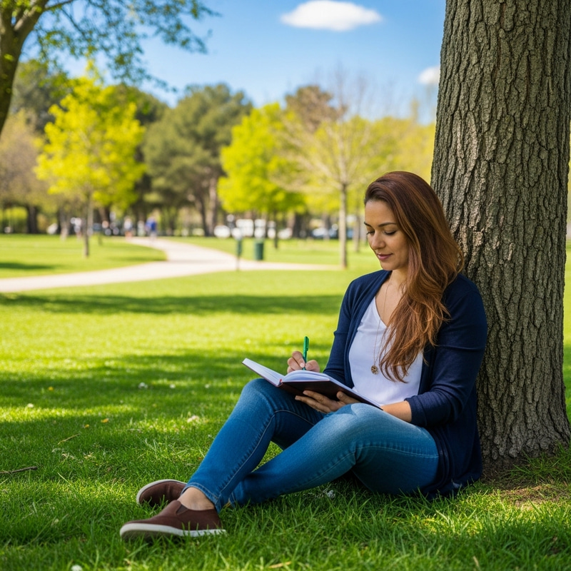 Tranquil Woman with Auburn Hair Journaling in Park Tranquil Woman with Auburn Hair Journaling in Park