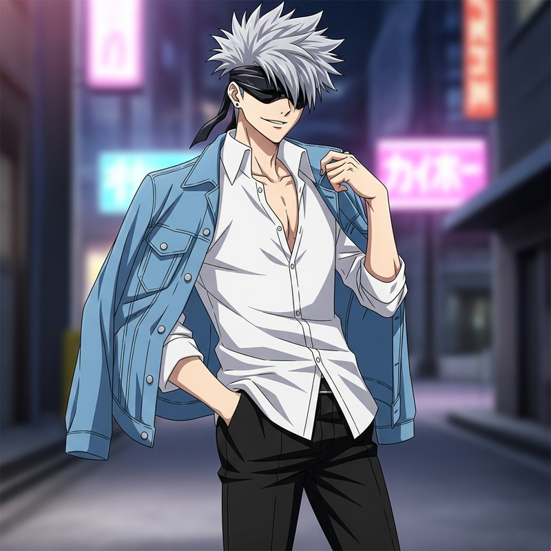 Enigmatic Anime Character in White Shirt and Blue Jacket Enigmatic Anime Character in White Shirt and Blue Jacket