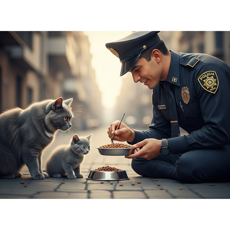 Beautiful Adult Grey Cat and Kitten with Policeman Feeding Them