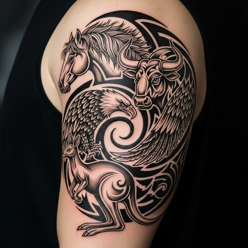 Spiral Tribal Tattoo Design with Horse, Bull, Eagle & Kangaroo