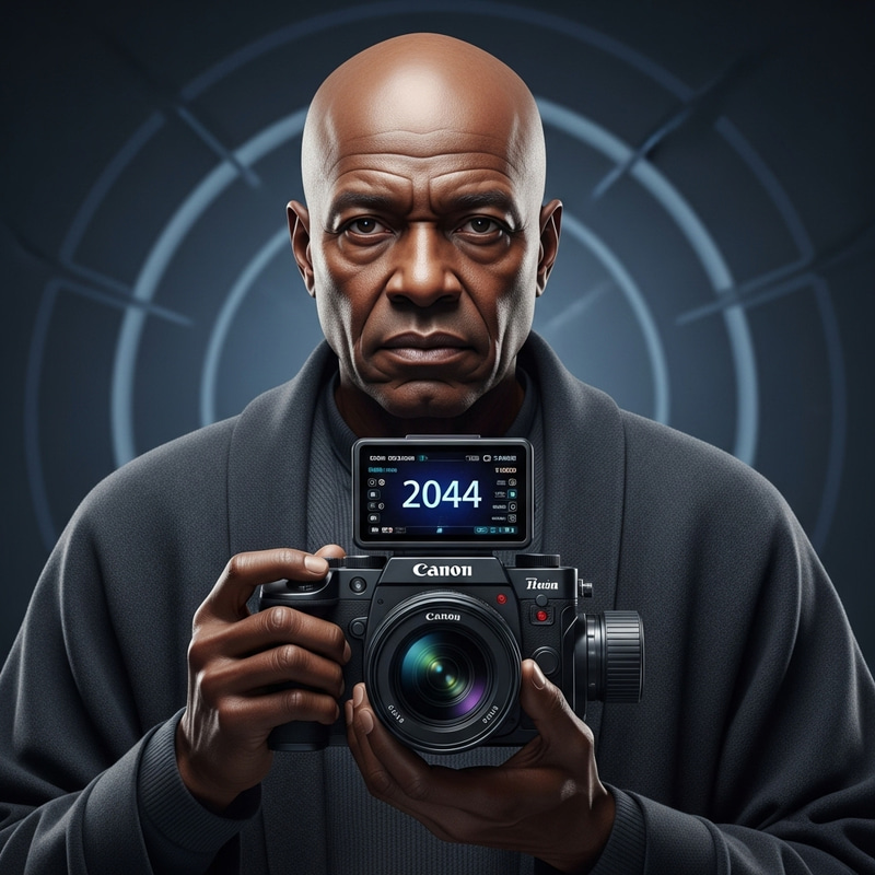 Older Black Photographer in Futuristic Setting | Canon Camera 2044