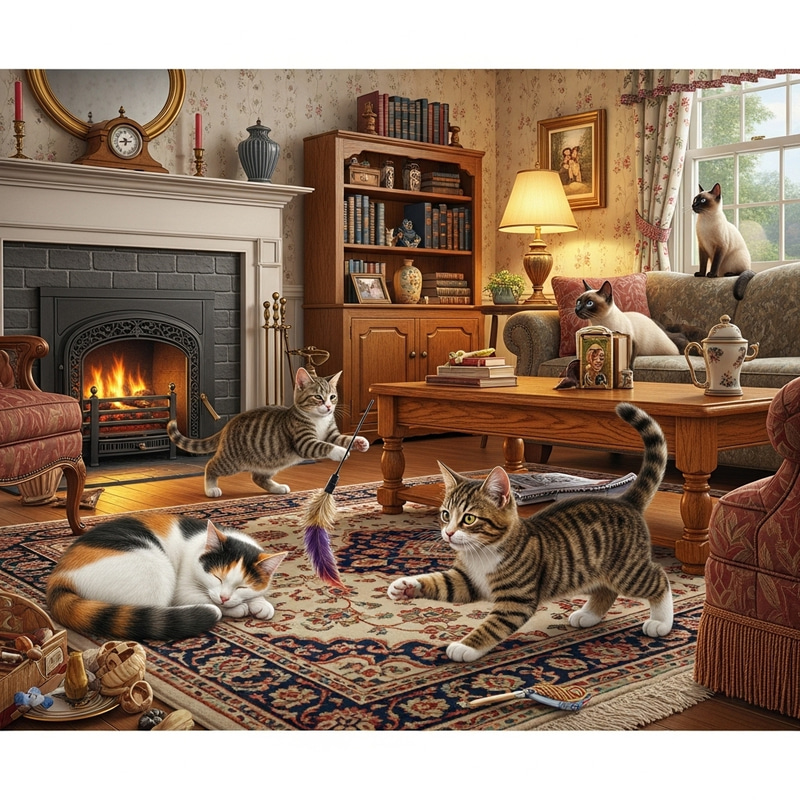 Cute Cat Playing in a Cozy Vintage Living Room