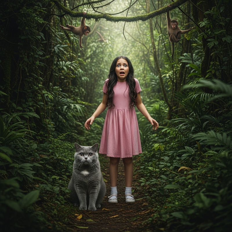 Terrified Girl & Gray Cat in Real Jungle | Aesthetic Hyperrealism Terrified Girl & Gray Cat in Real Jungle | Aesthetic Hyperrealism