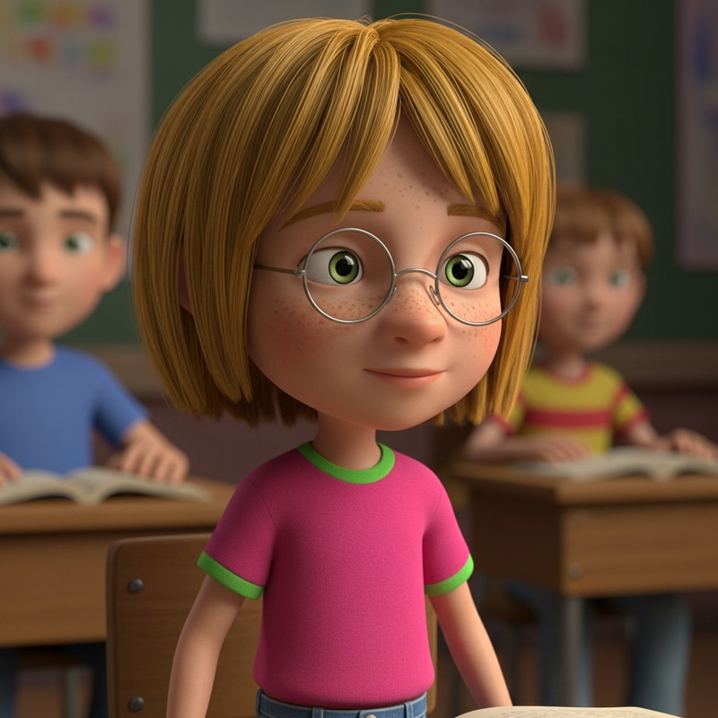 3D Animation of Young Caucasian Third-Grade Student with Golden Hair, Freckles, and Glasses